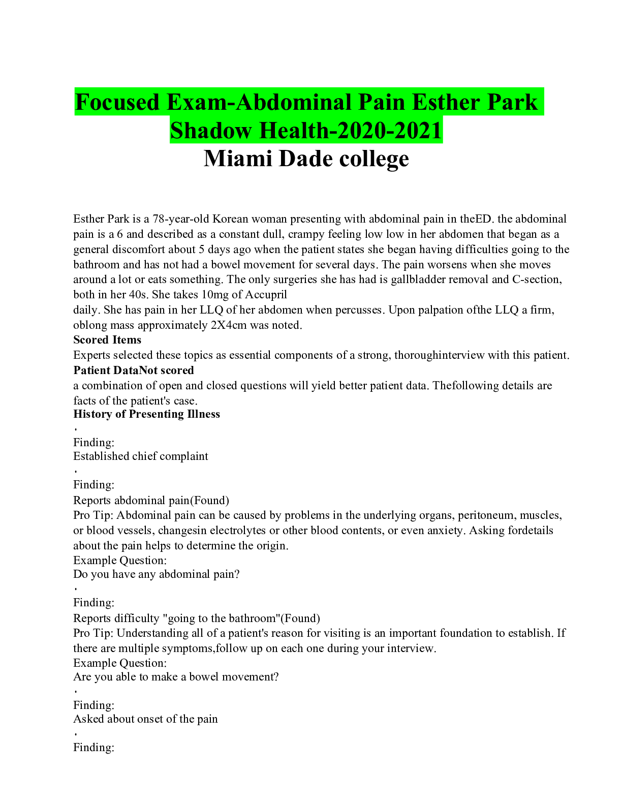 Preview of Focused Exam-Abdominal Pain Esther Park Shadow Health-2020-2021